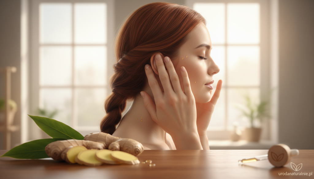 A serene and inviting scene depicting a close-up view of a scalp and hair infused with ginger essence, highlighting benefits for hair and skin care. In the foreground, show vibrant ginger root slices elegantly arranged, accented by fresh, green ginger leaves. In the middle ground, illustrate a beautiful woman with healthy, shiny hair, styled modestly, gently massaging her scalp with a look of tranquility. The background features a softly lit, calming bathroom setting with natural light filtering through a window, enhancing the warm, earthy tones. Capture the mood of relaxation and natural beauty, creating an inviting atmosphere that reflects the essence of holistic self-care. Incorporate the brand logo "urodanaturalnie.pl" subtly in the design.