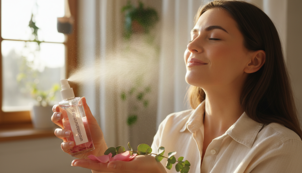 A serene and inviting scene focused on a face mist application, showcasing a delicate spray of rose water mist hovering in the air. In the foreground, an elegant glass bottle labeled "urodanaturalnie.pl" filled with clear rose hydrolat, surrounded by fresh rose petals and green foliage, catching soft, natural light. In the middle ground, a person with neutral, professional clothing gently misting their face, their expression calm and refreshed, embodying tranquility and natural beauty. The background features a soft focus of a sunlit, airy bathroom with hints of botanical decorations, enhancing the soothing atmosphere. The lighting is warm and soft, creating a serene and luxurious ambiance that highlights the benefits of rose hydrolat as a daily skin care essential.