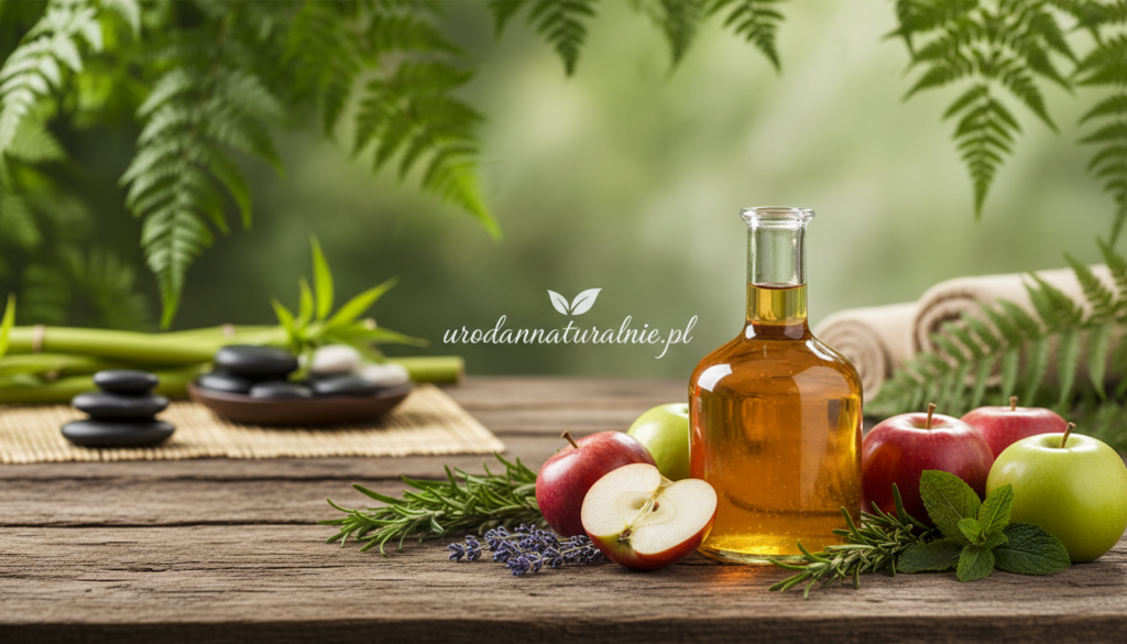 A serene and inviting scene focusing on a natural environment to illustrate the benefits of apple cider vinegar for hair and scalp care. In the foreground, a clear glass bottle filled with apple cider vinegar sits on a rustic wooden table, surrounded by fresh apples and sprigs of herbs. The middle ground features a gentle, glowing light filtering through lush green foliage, casting soft shadows around the bottle, highlighting its organic essence. In the background, a blurred image of a tranquil spa setting with natural textures like stones and bamboo enhances the calming atmosphere. The mood is peaceful and rejuvenating, inviting viewers to explore natural beauty solutions. The brand name "urodanaturalnie.pl" appears subtly in the composition, complementing the overall aesthetic without being intrusive. A serene and inviting scene focusing on a natural environment to illustrate the benefits of apple cider vinegar for hair and scalp care. In the foreground, a clear glass bottle filled with apple cider vinegar sits on a rustic wooden table, surrounded by fresh apples and sprigs of herbs. The middle ground features a gentle, glowing light filtering through lush green foliage, casting soft shadows around the bottle, highlighting its organic essence. In the background, a blurred image of a tranquil spa setting with natural textures like stones and bamboo enhances the calming atmosphere. The mood is peaceful and rejuvenating, inviting viewers to explore natural beauty solutions. The brand name "urodanaturalnie.pl" appears subtly in the composition, complementing the overall aesthetic without being intrusive.