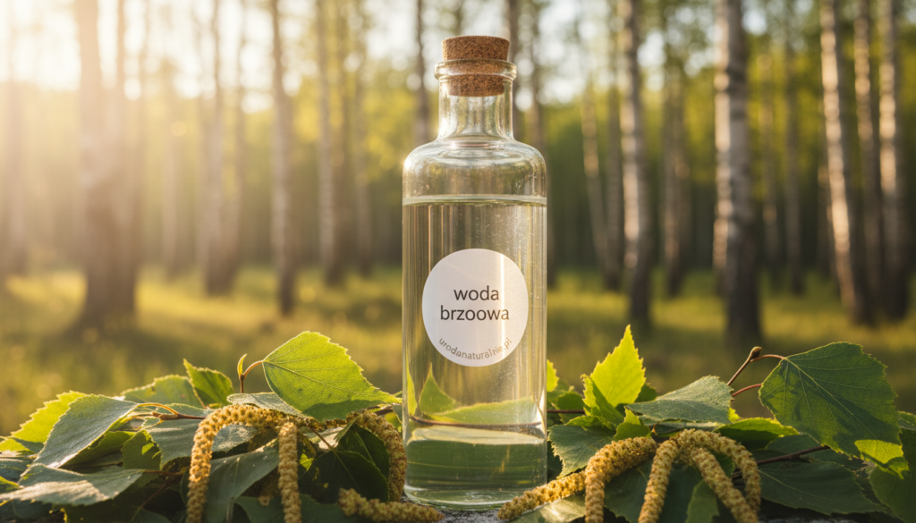 A serene and inviting scene showcasing a glass bottle of "woda brzozowa" (birch water) elegantly placed at the forefront, surrounded by fresh green birch leaves. The background features a soft-focus depiction of a natural landscape with birch trees, evoking a sense of tranquility. The lighting is warm and natural, reminiscent of a sunny afternoon, creating a shimmering effect on the water's surface. The bottle should have a modern, clean design, subtly labeled with the brand name "urodanaturalnie.pl". The overall atmosphere should convey a sense of purity and healthfulness, illustrating the benefits of birch water in hair care products, without any additional text, people, or distractions.