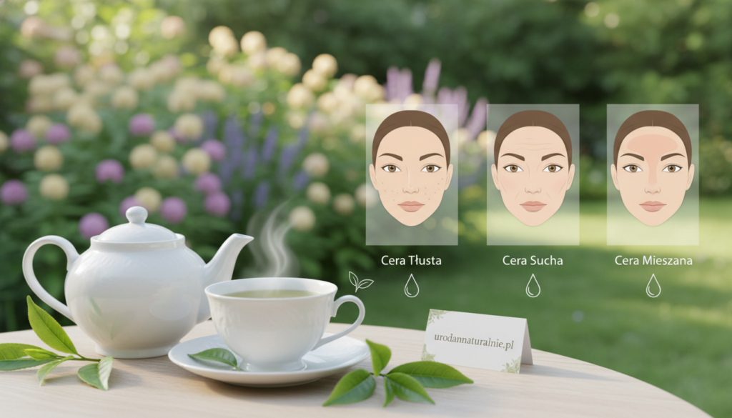 A serene and inviting scene showcasing green tea's benefits for different skin types. In the foreground, a beautifully arranged tea set with a steaming cup of green tea, delicate teapot, and fresh tea leaves, all made of fine porcelain. In the middle, soft natural light illuminates a variety of skin type illustrations, such as oily, dry, and combination skin, elegantly displayed next to the tea. The background features a calming, blurred garden setting with lush greenery and soft pastel flowers, promoting a sense of tranquility and wellness. The overall atmosphere is peaceful, emphasizing the rejuvenating and natural qualities of green tea. Capture the essence of beauty and skincare to resonate with the brand "urodanaturalnie.pl".