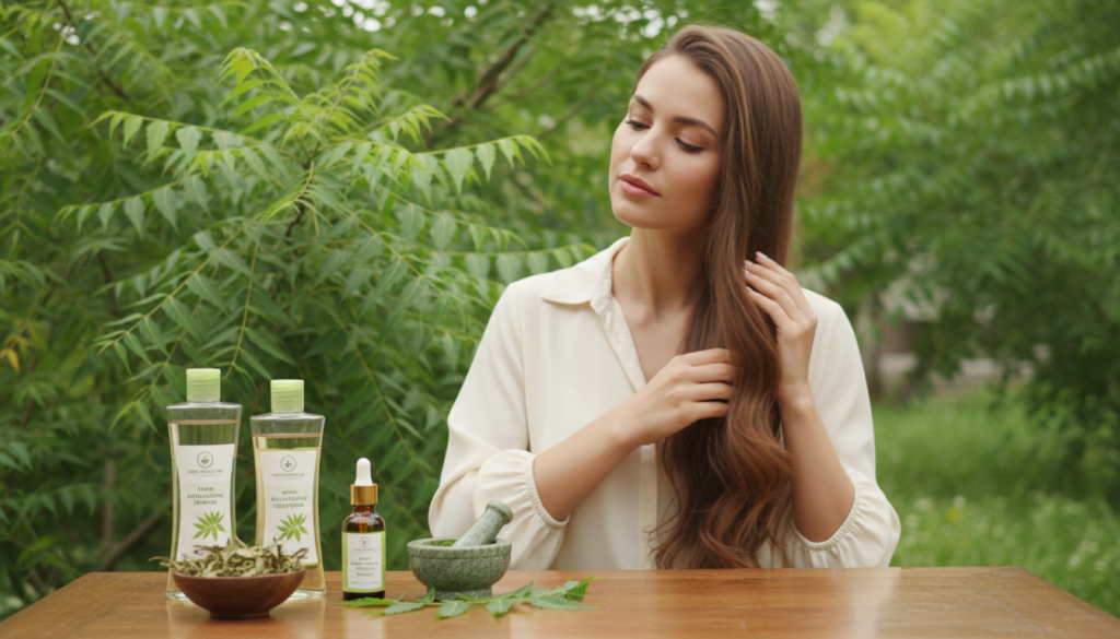 A serene and inviting scene showcasing hair care, featuring a gracefully designed vanity table. The foreground includes a variety of natural hair care products with neem as the central ingredient, elegantly arranged in glass bottles with a soothing green color palette. The middle ground displays a well-groomed model with healthy, shiny hair, dressed in professional attire, gently applying a neem-infused oil to her locks. The background is softly blurred, showcasing lush foliage and delicate neem leaves, enhancing the natural theme. Soft, diffused lighting creates an uplifting and calming atmosphere, highlighting the beauty of natural ingredients in hair care. This image is ideal for urodanaturalnie.pl, conveying a sense of harmony and wellness. A serene and inviting scene showcasing hair care, featuring a gracefully designed vanity table. The foreground includes a variety of natural hair care products with neem as the central ingredient, elegantly arranged in glass bottles with a soothing green color palette. The middle ground displays a well-groomed model with healthy, shiny hair, dressed in professional attire, gently applying a neem-infused oil to her locks. The background is softly blurred, showcasing lush foliage and delicate neem leaves, enhancing the natural theme. Soft, diffused lighting creates an uplifting and calming atmosphere, highlighting the beauty of natural ingredients in hair care. This image is ideal for urodanaturalnie.pl, conveying a sense of harmony and wellness.