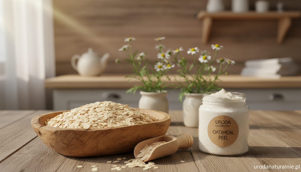 A serene and inviting scene that captures the essence of an oatmeal peel. In the foreground, a wooden bowl filled with coarse, lightly textured oatmeal flakes, some spilling over the edges. Next to it, a delicate wooden scoop lies beside a jar of homemade oatmeal scrub, showcasing its creamy, natural texture. In the middle ground, soft-toned, leafy plants add a touch of nature, symbolizing the gentle, soothing properties of the peel. The background features a softly blurred setting of a sunlit, rustic kitchen with warm wooden elements, enhancing the calming atmosphere. Gentle, natural lighting filters through a window, casting a warm glow and creating a tranquil mood. The composition evokes a sense of simplicity and purity, ideal for promoting skincare. urodanaturalnie.pl