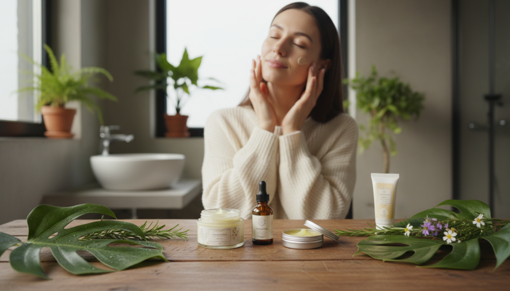 A serene and inviting skincare scene, featuring a beautifully arranged display of natural skincare products, including propolis-infused creams and oils, set on a wooden table. In the foreground, delicate plant leaves and wildflowers are artfully placed, emphasizing a connection to nature. In the middle ground, a soft-focus human figure, dressed in modest casual attire, applies a soothing cream on their face, embodying a sense of relaxation and self-care. The background features a softly lit, minimalist bathroom setting with hints of greenery, enhancing the calming atmosphere. The overall mood is tranquil and rejuvenating, showcasing the benefits of natural ingredients in skincare. The branding "urodanaturalnie.pl" should subtly appear within the composition, reinforcing the theme of holistic skincare.