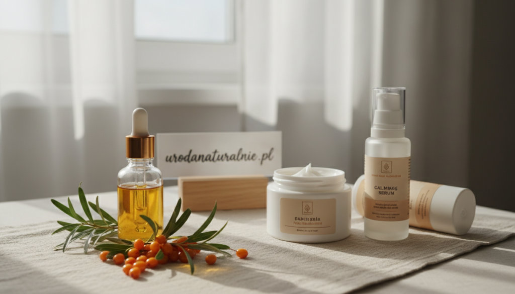 A serene and inviting skincare scene showcasing the integration of sea buckthorn (rokitnik) into a gentle skincare routine for problematic skin. In the foreground, a clear glass dropper bottle filled with golden sea buckthorn oil sits next to fresh sea buckthorn berries and delicate green leaves. The middle ground features a light, textured cloth and natural skincare products like creamy moisturizers and soothing serums, emphasizing a natural aesthetic. In the background, soft, diffused sunlight filters through a window, casting gentle shadows and creating a calming atmosphere. The overall mood is peaceful and refreshing, ideal for promoting holistic skin care. Capture this essence for urodanaturalnie.pl, focusing on simplicity, purity, and natural beauty.