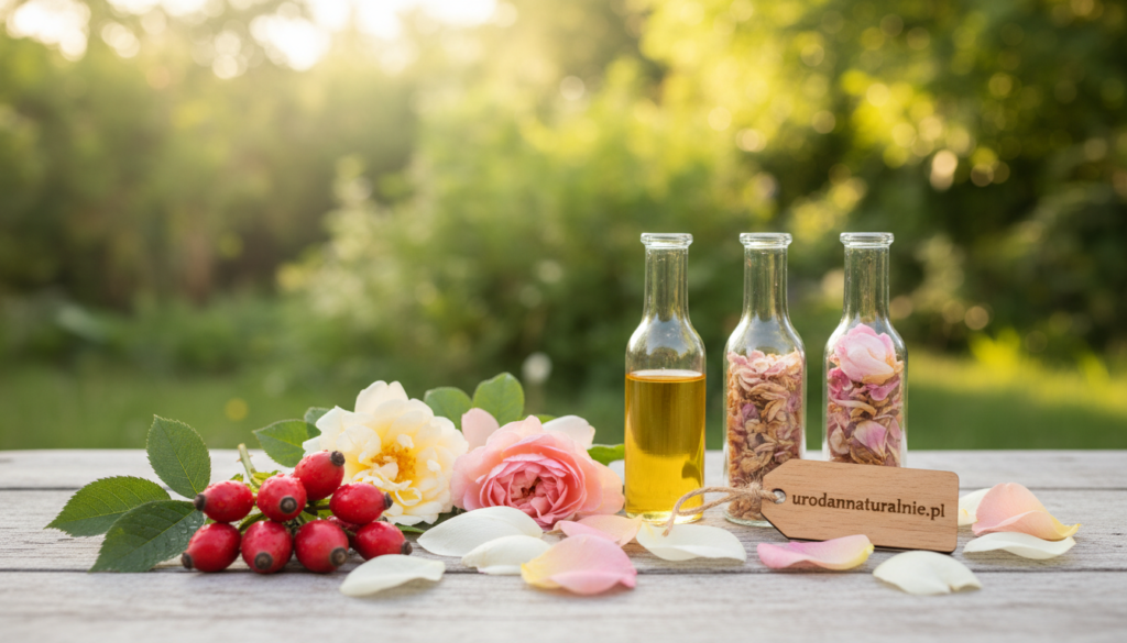 A serene and inviting still life composition showcasing various forms of wild rose products. In the foreground, display vivid, plump wild rose hips, glistening with dew, surrounded by delicate rose petals in soft pastels. The middle ground features elegant glass jars filled with rose oil and dried rose petals, arranged artfully. In the background, a lush green garden with soft sunlight filtering through leaves creates a warm and natural atmosphere. Use a soft focus lens effect to evoke a dreamy quality, emphasizing the tranquility and natural beauty. The lighting should be warm and golden, enhancing the organic feel. Include a subtle branding element of "urodanaturalnie.pl" as part of the scene, seamlessly integrated into the composition.