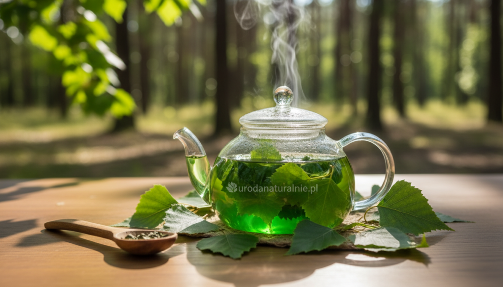 A serene and natural composition showcasing a close-up view of a herbal infusion process using birch leaves. In the foreground, a clear glass teapot is filled with a vibrant green infusion of fresh birch leaves, steam gently rising from the spout. Surrounding the teapot are scattered birch leaves and a small wooden spoon, emphasizing the natural ingredients. The middle ground features a wooden table with soft, dappled sunlight filtering through green foliage, creating a warm and inviting atmosphere. In the background, blurred images of a tranquil forest can be seen, enhancing the theme of nature and wellness. The mood is calm and refreshing, evoking a sense of natural purity. The brand name "urodanaturalnie.pl" subtly placed on the teapot.