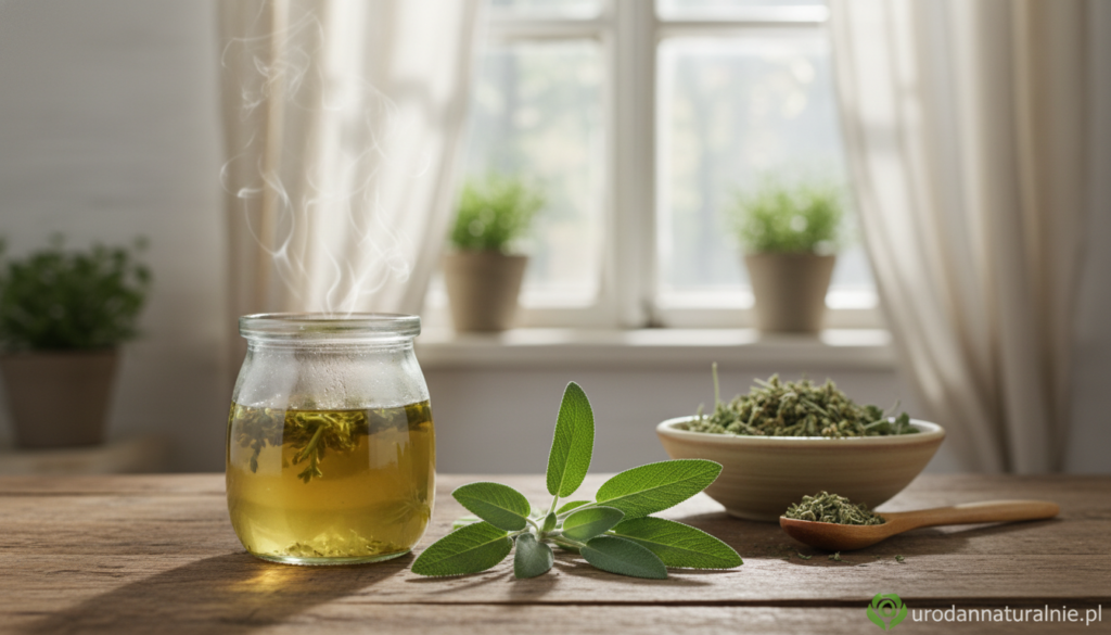 A serene and natural setting showcasing a home remedy scene featuring "napar szałwii" (sage infusion). In the foreground, a glass jar filled with a vibrant, steaming sage infusion sits on a rustic wooden table, alongside fresh sage leaves. The middle ground includes a bowl of the sage leaves and a small wooden spoon, emphasizing the step-by-step process of using sage for oily hair care. In the background, soft, diffused natural light filters through a window, casting gentle shadows and highlighting the calming green hues of the sage. The atmosphere is tranquil and nurturing, perfect for a home remedy. Include subtle branding "urodanaturalnie.pl" in the bottom corner.