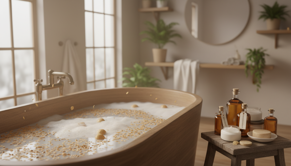 A serene and soothing scene of a natural bath filled with oatmeal flakes, emphasizing relaxation and skincare. In the foreground, a wooden tub overflowing with creamy, warm water sprinkled with soft, golden oat flakes. In the middle, a gentle light filters through large, frosted windows, casting a warm glow over the scene, accentuating the texture of the oats and the smoothness of the water. To the side, neatly arranged skincare items like natural oils and soothing balms. The background features a peaceful bathroom with plants and calming décor, creating a tranquil atmosphere. The lighting is soft and inviting, suggesting a moment of self-care. The image embodies the soothing experience of an oatmeal bath, emphasizing its benefits for dry and atopic skin, with branding discreetly placed as urodanaturalnie.pl.