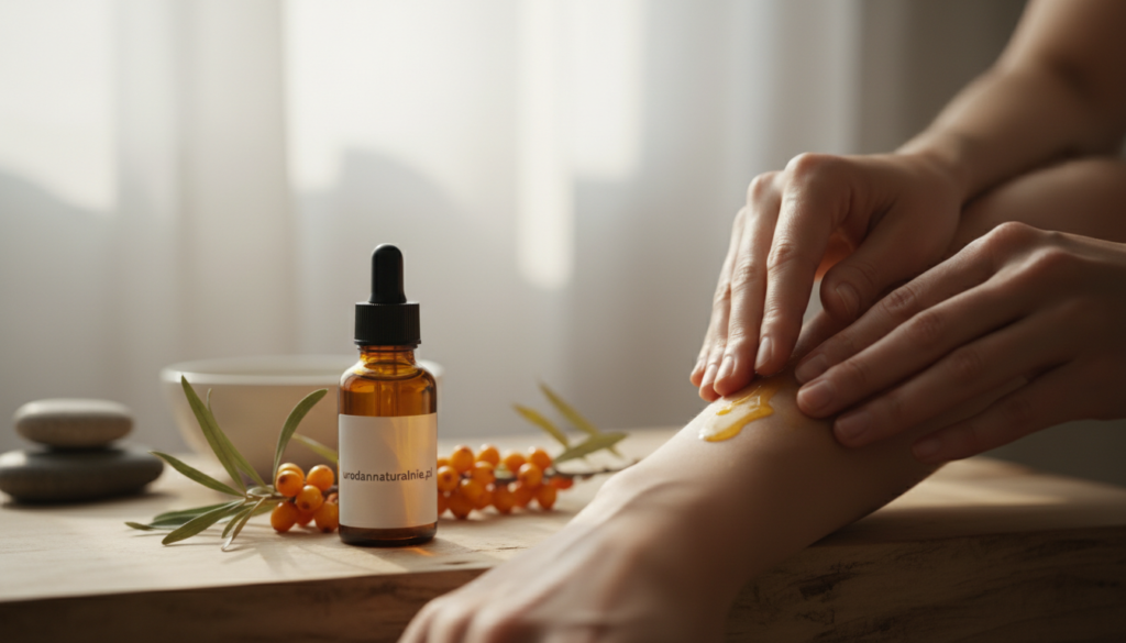 A serene and soothing scene showcasing the application of sea buckthorn (rokitnik) oil on the skin, highlighting its benefits for dryness, scars, and stretch marks. In the foreground, a pair of hands, gently massaging a golden oil into smooth, radiant skin, demonstrating self-care. The middle ground features a close-up of a small glass bottle labeled "urodanaturalnie.pl" alongside fresh sea buckthorn berries, emphasizing its natural essence. The background reveals a calming spa-like environment with soft, diffused natural light filtering through sheer curtains, creating an inviting and tranquil atmosphere. The color palette includes warm, earthy tones to evoke a sense of healing and nourishment, while shadows in the scene enhance depth and focus on the subject.