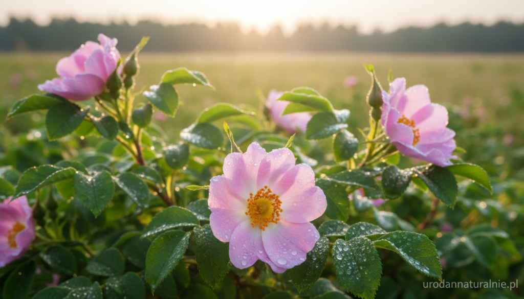 A serene and vibrant composition featuring wild rose (dzika róża) in various stages of blooming. In the foreground, delicate pink petals with dewdrops glisten under soft morning light, highlighting their freshness. The middle ground showcases lush green leaves surrounding the flowers, adding depth and richness. In the background, a blurred natural landscape hints at a sun-drenched meadow, evoking a peaceful atmosphere. The lighting is warm and inviting, suggesting a gentle sunrise. The image conveys a sense of natural beauty and tranquility, reflecting the healing properties of the wild rose on skin. The brand name "urodanaturalnie.pl" subtly incorporated into the imagery, ensuring an organic feel without distraction.