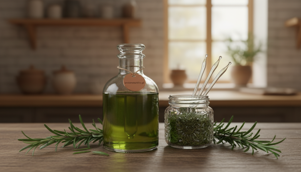 A serene and vibrant scene featuring a close-up of a rosemary infusion designed for hair growth, beautifully arranged on a rustic wooden table. In the foreground, a glass bottle filled with a greenish herbal liquid, with sprigs of fresh rosemary artistically placed next to it, emphasizing the ingredients. In the middle, a small, elegant jar containing crushed rosemary leaves, surrounded by delicate glass droppers. The background features soft-focus elements of a cozy kitchen, with warm, inviting lighting that highlights the earthy tones of the wood and the fresh greens. The atmosphere is calming and therapeutic, suggesting a natural approach to hair care. Include the brand name "urodanaturalnie.pl" subtly in the composition.