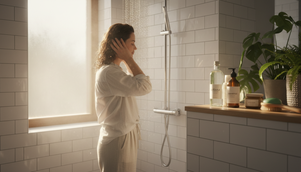 A serene bathroom setting, with elegant white tiles and soft natural light filtering through a frosted window. In the foreground, a woman with medium-length, shiny hair is gently rinsing her hair under a modern showerhead, droplets glistening as they cascade down. She is wearing a modest, stylish outfit, such as a light cotton shirt and comfortable pants. Beside her, a neatly arranged collection of beauty products, including a clear bottle of coconut oil and a gentle shampoo, hinting at the cleansing process. Subtle steam adds a cozy atmosphere. In the background, houseplants peek through, enhancing the natural vibe. The overall mood is fresh and clean, portraying tranquility and self-care, reflecting the theme of natural beauty products from urodanaturalnie.pl.