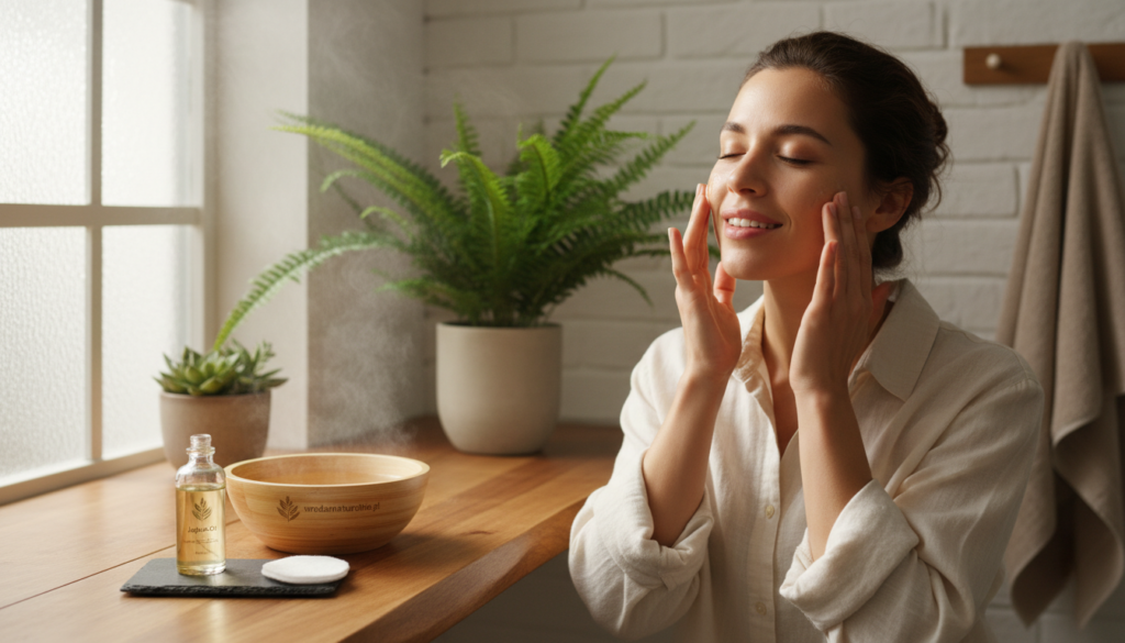 A serene bathroom setting with soft, natural light filtering through a frosted window. In the foreground, a wooden countertop features a small, elegant glass bottle of jojoba oil, alongside a clean cotton pad and a bamboo bowl filled with warm water. The middle ground showcases a woman in modest casual clothing, gently applying the oil to her face with a joyful expression, demonstrating the OCM method. She has a warm skin tone and a calm demeanor, embodying relaxation and self-care. The background reveals subtle touches of green plants, creating a fresh and inviting atmosphere. The overall mood is tranquil and rejuvenating, highlighting the effectiveness of jojoba oil for cleansing oily and combination skin. The branding "urodanaturalnie.pl" is subtly integrated into the scene, enhancing the natural aesthetic.