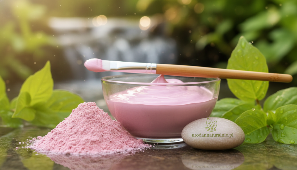 A serene beauty scene featuring pink clay (glinka różowa) gently piled in the foreground, showcasing its fine texture and soft hue. In the middle ground, a glass bowl holds a creamy pink clay mask, with a delicate brush resting beside it, hinting at its use for calming red skin and mature complexions. The background is softly blurred, revealing a natural setting with light green plants and flowing water, enhanced by warm, diffused sunlight that creates a tranquil atmosphere. The overall mood is soothing and inviting, suggesting skincare routines while emphasizing the benefits of pink clay for sensitive skin. The brand name "urodanaturalnie.pl" subtly integrated into the scene without text, focusing entirely on the beauty concept. A serene beauty scene featuring pink clay (glinka różowa) gently piled in the foreground, showcasing its fine texture and soft hue. In the middle ground, a glass bowl holds a creamy pink clay mask, with a delicate brush resting beside it, hinting at its use for calming red skin and mature complexions. The background is softly blurred, revealing a natural setting with light green plants and flowing water, enhanced by warm, diffused sunlight that creates a tranquil atmosphere. The overall mood is soothing and inviting, suggesting skincare routines while emphasizing the benefits of pink clay for sensitive skin. The brand name "urodanaturalnie.pl" subtly integrated into the scene without text, focusing entirely on the beauty concept.