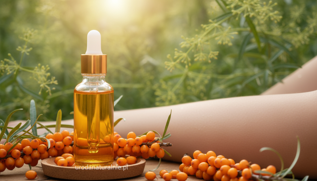 A serene beauty scene focusing on the natural benefits of sea buckthorn oil for skin. In the foreground, a clear glass bottle filled with vibrant orange sea buckthorn oil glistens under soft, natural lighting, surrounded by fresh, plump sea buckthorn berries. The middle ground features smooth, textured skin with subtle signs of hydration and brightness, indicative of its nourishing properties. The background is softly blurred with lush greenery and delicate plants, evoking a calming, natural atmosphere. A hint of golden sunlight filters through the leaves, adding warmth and serenity to the scene. The branding "urodanaturalnie.pl" is subtly integrated into the composition without distracting from the image's beauty.