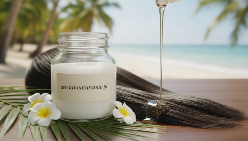 A serene beauty setting featuring a glass jar of pure coconut oil prominently in the foreground, glistening under soft, natural lighting. Surrounding the jar, lush green coconut leaves and delicate white flowers create a fresh, tropical atmosphere. In the middle ground, a gently flowing stream of coconut oil is being poured from the jar onto a pair of healthy, shiny hair strands, demonstrating its nourishing properties. Soft focus on the background reveals a subtle, blurred tropical landscape, enhancing the relaxed, natural mood. The entire scene conveys a sense of health and wellness, ideal for showcasing the benefits of coconut oil in hair and scalp care. The brand name "urodanaturalnie.pl" is subtly featured on the jar label, maintaining a professional appearance without any text overlays.