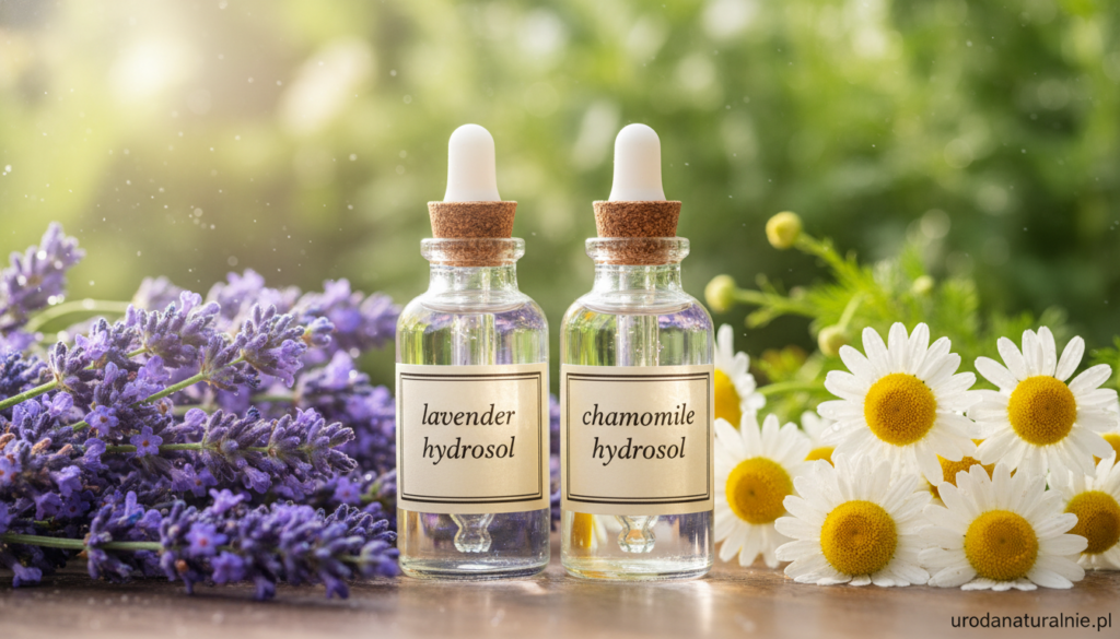 A serene, close-up composition illustrating the concept of selecting hydrosols, featuring a split view between lavender and chamomile. In the foreground, delicate lavender flowers on the left, their purple hues vibrant and fresh, accompanied by droplets of water. On the right, soft, pale chamomile blossoms, exuding a calming white and yellow palette. The middle ground showcases glass dropper bottles labeled with “lavender hydrosol” and “chamomile hydrosol,” tastefully arranged. The background subtly hints at a tranquil herbal garden, with soft bokeh effects and gentle sunlight filtering through, creating a warm, inviting atmosphere. The scene conveys a sense of tranquility and natural wellness, aligning with the wellness theme of urodanaturalnie.pl. The lighting is soft and natural, lending an ethereal quality to the image, ideal for illustrating the article's theme.