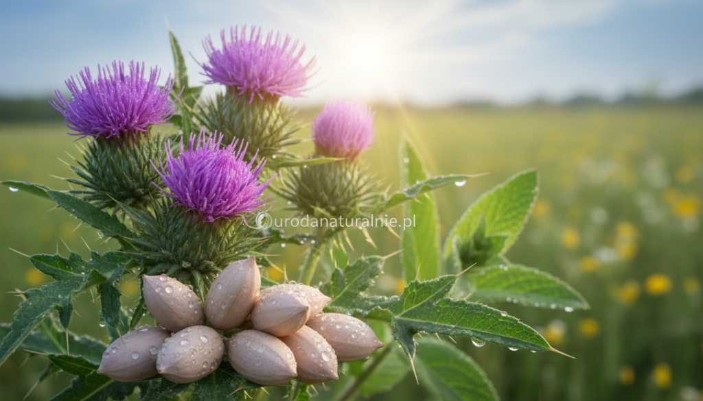 A serene, close-up depiction of the milk thistle plant (silybum marianum), showcasing its unique purple flowers and spiky green leaves in lush detail. The foreground features a well-lit cluster of ripe thistle seeds, glistening with morning dew, symbolizing natural health and vitality. In the middle ground, include soft-focus elements like fresh herbal leaves and gentle sunlight filtering through them, creating a warm, inviting atmosphere. The background should be a blurred meadow, hinting at the natural habitat of the plant, with soft green hues and a tranquil feel. The overall mood is calming and optimistic, suggesting the positive effects of the plant on skin health. The branding "urodanaturalnie.pl" subtly integrated into the scene, reflecting a holistic and natural approach. A serene, close-up depiction of the milk thistle plant (silybum marianum), showcasing its unique purple flowers and spiky green leaves in lush detail. The foreground features a well-lit cluster of ripe thistle seeds, glistening with morning dew, symbolizing natural health and vitality. In the middle ground, include soft-focus elements like fresh herbal leaves and gentle sunlight filtering through them, creating a warm, inviting atmosphere. The background should be a blurred meadow, hinting at the natural habitat of the plant, with soft green hues and a tranquil feel. The overall mood is calming and optimistic, suggesting the positive effects of the plant on skin health. The branding "urodanaturalnie.pl" subtly integrated into the scene, reflecting a holistic and natural approach.