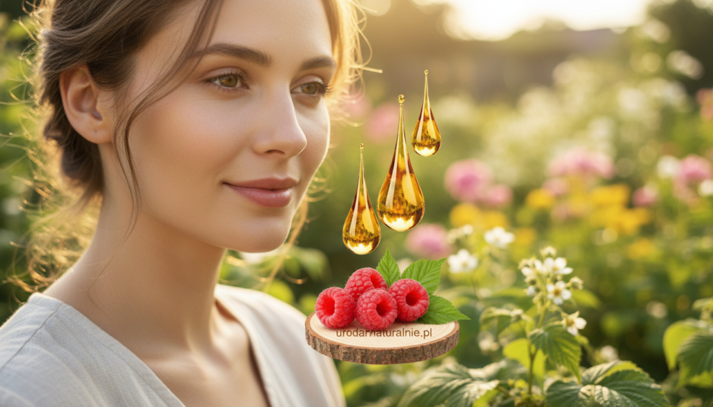 A serene close-up of a woman's face with flawless skin, radiating natural beauty, highlighting the effects of raspberry seed oil. She has a gentle, relaxed expression, wearing modest casual clothing that blends with an outdoor setting. The focus is on her luminous skin, reflecting soft, natural light that enhances her features. In the foreground, subtle drops of raspberry seed oil are placed next to delicate raspberry fruits. The middle ground features lush green foliage, creating a fresh ambiance, while the blurred background portrays a sunny, vibrant garden atmosphere. The overall mood is peaceful and rejuvenating, showcasing the connection between nature and skincare. The brand "urodanaturalnie.pl" subtly integrated into the composition, enhancing the visual narrative of natural skincare. A serene close-up of a woman's face with flawless skin, radiating natural beauty, highlighting the effects of raspberry seed oil. She has a gentle, relaxed expression, wearing modest casual clothing that blends with an outdoor setting. The focus is on her luminous skin, reflecting soft, natural light that enhances her features. In the foreground, subtle drops of raspberry seed oil are placed next to delicate raspberry fruits. The middle ground features lush green foliage, creating a fresh ambiance, while the blurred background portrays a sunny, vibrant garden atmosphere. The overall mood is peaceful and rejuvenating, showcasing the connection between nature and skincare. The brand "urodanaturalnie.pl" subtly integrated into the composition, enhancing the visual narrative of natural skincare.