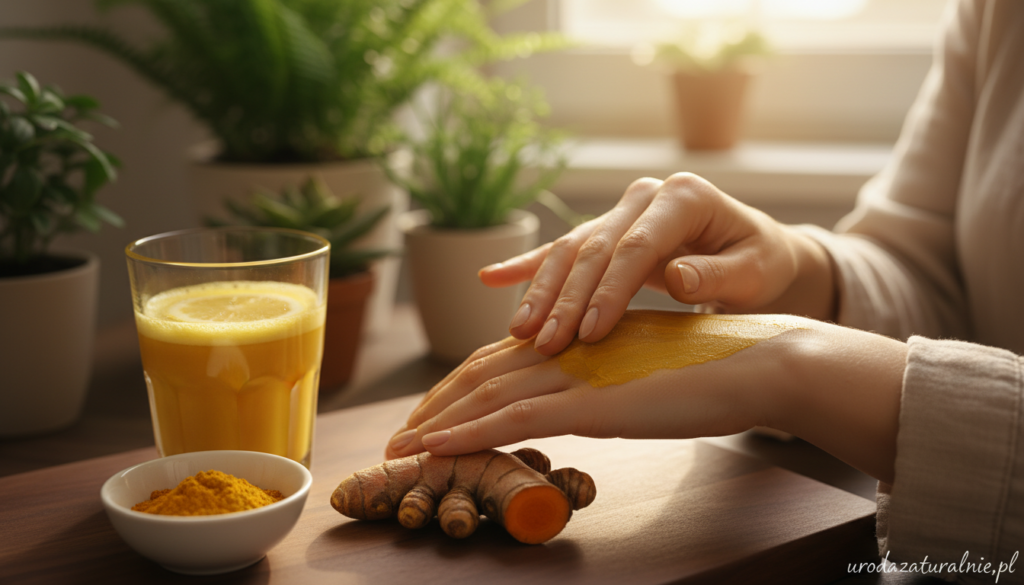 A serene, close-up scene of a vibrant turmeric root, with its bright orange-yellow color contrasting beautifully against a smooth, dark wooden surface. In the foreground, a small bowl of turmeric powder is elegantly arranged beside a clear glass with a refreshing turmeric-infused beverage, showcasing its health benefits for skin and beauty. In the middle of the image, a pair of hands (dressed modestly) gently applying a turmeric paste onto the skin, suggesting its nourishing properties. In the background, soft-focused elements include lush green plants and a warm, inviting sunlight streaming in, creating a cozy and holistic atmosphere. This image embodies the essence of natural health and beauty, perfect for urodazaturalnie.pl.