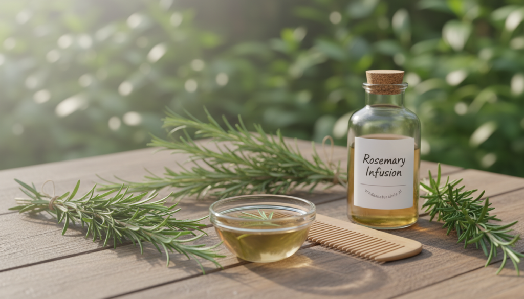 A serene, close-up view of rosemary herbs arranged elegantly on a wooden table, with a small glass bowl of rosemary hair rinse in the foreground. In the background, soft, blurred greenery emphasizes the natural essence of hair care. The lighting is warm and inviting, casting gentle shadows that highlight the textures of the herbs. On the side, there’s a small wooden comb and a glass bottle labeled "Rosemary Infusion" for application. The overall mood is calming and organic, reflecting the effectiveness of rosemary for hair growth. The scene is framed as if captured through a soft-focus lens, enhancing the inviting atmosphere of natural beauty. The brand "urodanaturalnie.pl" should be subtly suggested through styling elements in the composition.