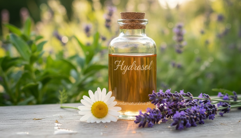 A serene comparison of chamomile and lavender, showcasing their distinct properties for problematic skin. In the foreground, a fresh chamomile flower with its white petals and yellow center beside a vibrant lavender sprig with purple blooms. The middle ground features a clear glass bottle labeled "Hydrosol" with a subtle reflection, suggesting a natural essence. In the background, a soft-focus garden setting with gentle sunlight filtering through leaves, creating a warm and inviting atmosphere. The scene conveys tranquility and nature's harmony. Emphasize the colors of the flowers and natural elements around them. Use soft lighting to enhance the peaceful mood, and a shallow depth of field to create focus on the chamomile and lavender while blurring the background. Include the brand "urodanaturalnie.pl" subtly within the composition, enhancing the organic essence of the image.