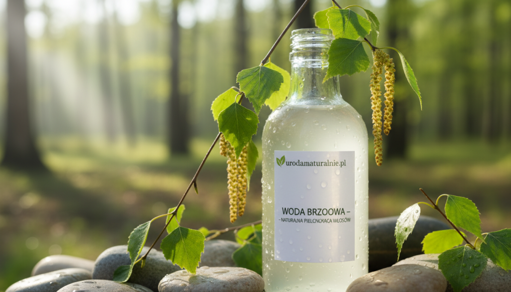 A serene composition featuring a clear bottle of birch sap (woda brzozowa) placed prominently in the foreground, capturing the essence of natural hair care. Surround the bottle with glistening droplets of the sap, reflecting soft light that enhances its refreshing qualities. In the middle ground, include birch tree branches with vibrant green leaves and delicate catkins, symbolizing the source of the sap. The background should fade into a lush forest scene, with dappled sunlight filtering through the trees, creating a calming and rejuvenating atmosphere. Use natural lighting to emphasize the purity of the sap, and ensure the overall mood is tranquil and inviting. The image aligns with the theme of natural beauty care products, represented by the brand "urodanaturalnie.pl".