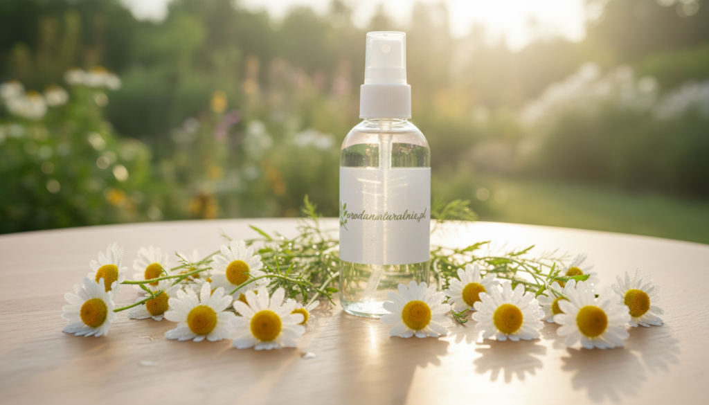 A serene composition featuring delicate chamomile flowers in the foreground, their soft, white petals glistening with dew, symbolizing gentleness and soothing effects. In the middle ground, a tranquil, clear bottle of chamomile hydrosol, exuding a light and refreshing aura, rests on a smooth wooden surface, with sprigs of chamomile artfully arranged around it. The background showcases a dreamy, blurred garden scene bathed in warm, soft morning light, hinting at a peaceful daybreak. This setting evokes a sense of calm and regeneration, perfect for skincare. The overall mood is tranquil and restorative, with an emphasis on natural beauty and wellness. urodanaturalnie.pl.