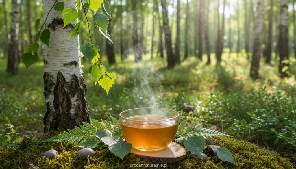 A serene forest scene featuring a close-up of a birch tree, showcasing its distinctive white bark and delicate green leaves, representing the essence of "wody brzozowej". In the foreground, a small, clear glass bowl holds freshly brewed birch leaf infusion, with steam gently rising from it, creating a warm and inviting atmosphere. The middle ground is filled with lush, vibrant foliage and soft sunlight filtering through the trees, casting gentle shadows on the ground. In the background, the blur of a tranquil woodland adds depth, evoking a sense of peace and natural beauty. The image should have natural lighting, emphasizing the freshness of the leaves, and be taken from a slightly elevated angle to give depth to the scene. This artwork is created for urodanaturalnie.pl.