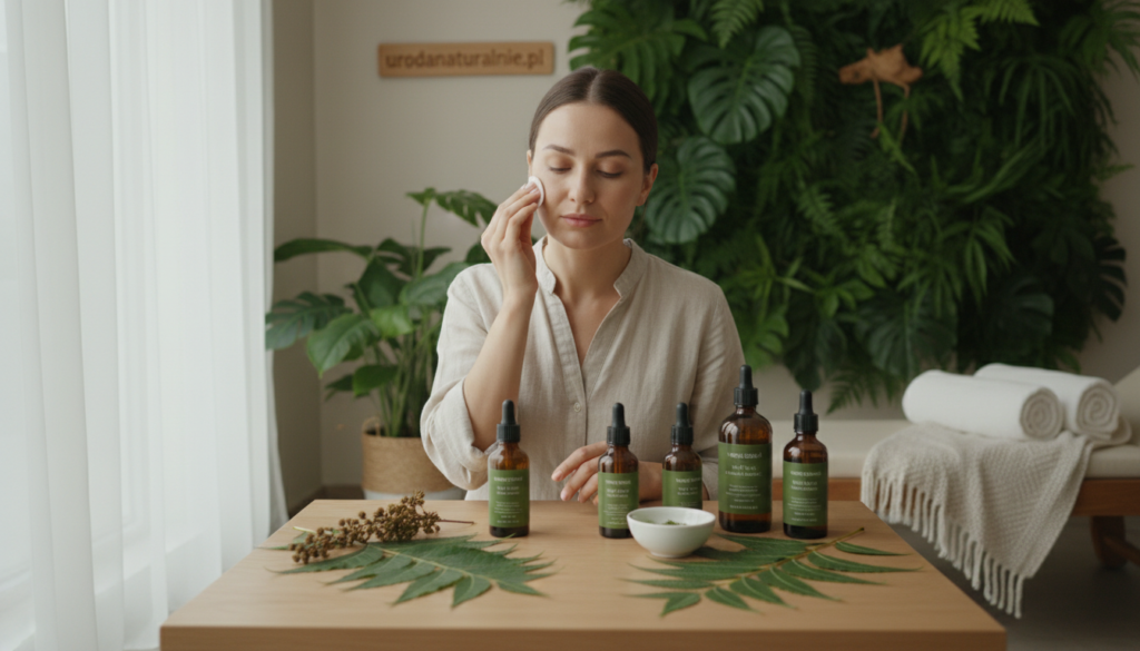 A serene indoor setting showcasing the practical application of neem oil in skincare. In the foreground, a modestly dressed person gently applying neem oil onto their face, demonstrating caution and care. The middle ground features an elegant, well-organized tabletop with neem oil bottles and fresh neem leaves, illuminated by soft, natural light. The background reveals a calming spa-like atmosphere with plants and soft textures, enhancing the mood of tranquility and well-being. The scene captures the essence of natural skincare, emphasizing neem oil's benefits for acne and skin issues, all while maintaining professionalism. The brand logo "urodanaturalnie.pl" subtly integrated into the décor adds a touch of authenticity. A serene indoor setting showcasing the practical application of neem oil in skincare. In the foreground, a modestly dressed person gently applying neem oil onto their face, demonstrating caution and care. The middle ground features an elegant, well-organized tabletop with neem oil bottles and fresh neem leaves, illuminated by soft, natural light. The background reveals a calming spa-like atmosphere with plants and soft textures, enhancing the mood of tranquility and well-being. The scene captures the essence of natural skincare, emphasizing neem oil's benefits for acne and skin issues, all while maintaining professionalism. The brand logo "urodanaturalnie.pl" subtly integrated into the décor adds a touch of authenticity.