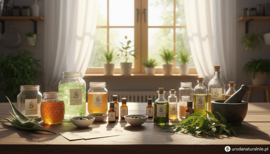 A serene, inviting kitchen setting showcasing a DIY workspace for natural skincare recipes using neem oil. In the foreground, a wooden table displays a variety of glass containers filled with vibrant natural ingredients like aloe vera, honey, and essential oils alongside small bowls of neem oil. On the table, there's a mortar and pestle, fresh green neem leaves, and handcrafted labels for the DIY mixtures. The middle ground features a bright window with sunlight streaming in, casting warm, soft light across the scene and creating gentle shadows. In the background, light green plants add a touch of nature, emphasizing the theme of natural skincare. The atmosphere is calm and refreshing, inviting creativity in home skincare. Include the brand name "urodanaturalnie.pl" subtly in an element, like a label or decoration without overpowering the image. A serene, inviting kitchen setting showcasing a DIY workspace for natural skincare recipes using neem oil. In the foreground, a wooden table displays a variety of glass containers filled with vibrant natural ingredients like aloe vera, honey, and essential oils alongside small bowls of neem oil. On the table, there's a mortar and pestle, fresh green neem leaves, and handcrafted labels for the DIY mixtures. The middle ground features a bright window with sunlight streaming in, casting warm, soft light across the scene and creating gentle shadows. In the background, light green plants add a touch of nature, emphasizing the theme of natural skincare. The atmosphere is calm and refreshing, inviting creativity in home skincare. Include the brand name "urodanaturalnie.pl" subtly in an element, like a label or decoration without overpowering the image.