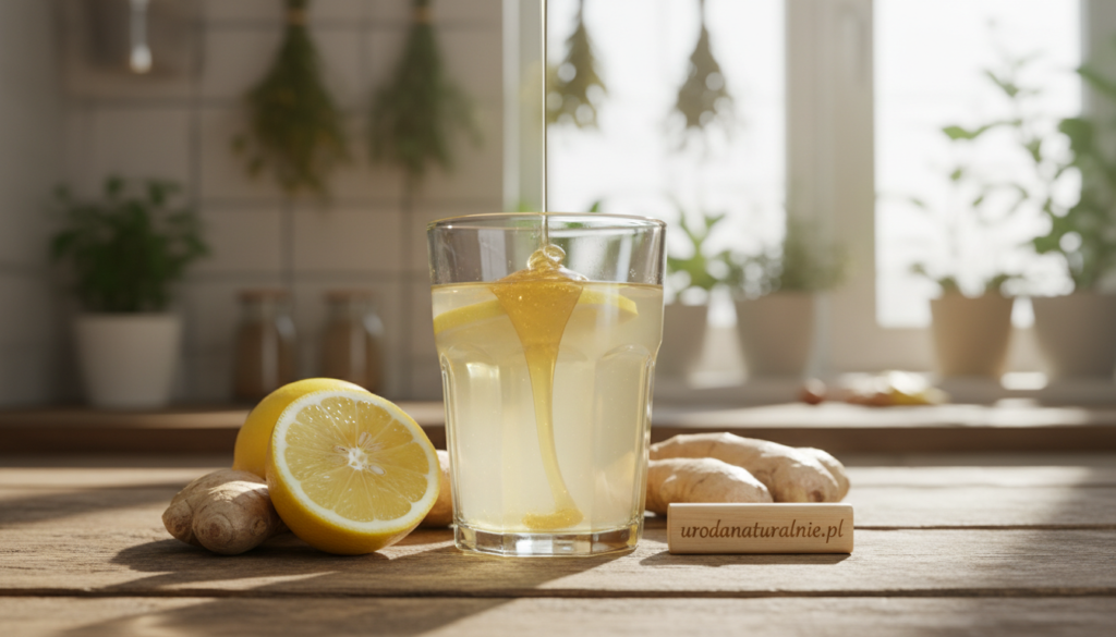 A serene, inviting scene depicting a clear glass filled with ginger-infused water, garnished with fresh lemon slices and a drizzle of golden honey. In the foreground, the glass is placed on a rustic wooden table, surrounded by fresh ginger roots and vibrant lemon halves, enhancing the natural appeal. In the middle, soft sunlight filters through a nearby window, creating gentle reflections on the glass, emphasizing the clarity of the water. The background features a blurred herbal kitchen setup with green plants and natural light streaming in, adding warmth and a sense of wellness. The overall mood is healthy and refreshing, evoking feelings of vitality and rejuvenation, perfect for illustrating the benefits of ginger in daily diet and immunity support. Include the brand name "urodanaturalnie.pl" subtly in the composition.