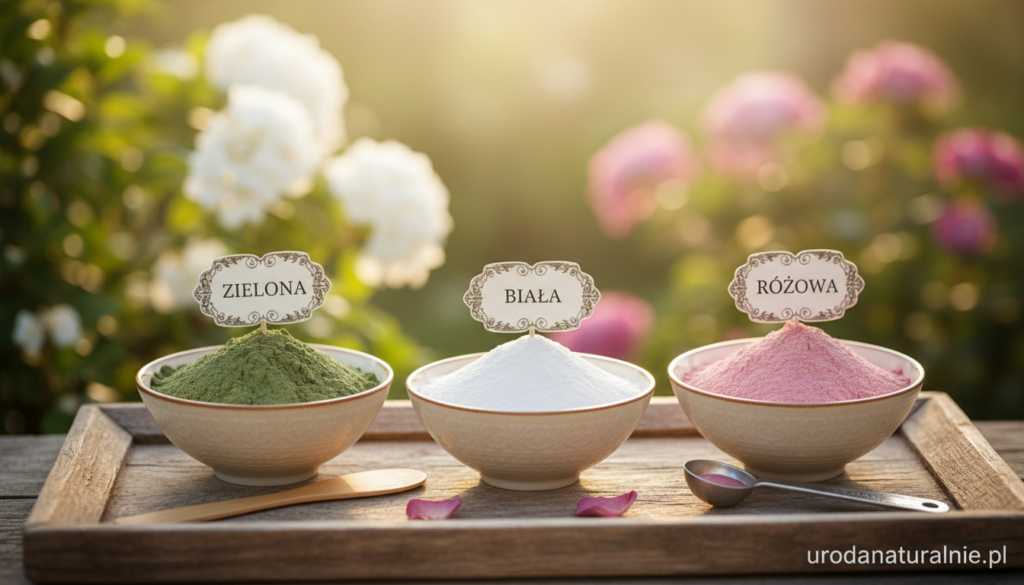 A serene, inviting still-life composition featuring three distinct types of clay: green, white, and pink, prominently displayed in small, elegant bowls. The green clay is earthy and textured, the white clay is smooth and pristine, and the pink clay is soft and gentle in appearance. Each bowl is labeled with subtle, ornamental tags indicating their name. The background is a calming, soft-focus garden setting with lush greenery and gentle sunlight filtering through. The foreground contains delicate tools like a small wooden spatula and a measuring spoon, conveying an air of self-care and luxury. This illustration reflects the theme of selecting the right clay for skin types, embodying a natural aesthetic, suitable for urodanaturalnie.pl. The lighting is warm, creating a soothing atmosphere. A serene, inviting still-life composition featuring three distinct types of clay: green, white, and pink, prominently displayed in small, elegant bowls. The green clay is earthy and textured, the white clay is smooth and pristine, and the pink clay is soft and gentle in appearance. Each bowl is labeled with subtle, ornamental tags indicating their name. The background is a calming, soft-focus garden setting with lush greenery and gentle sunlight filtering through. The foreground contains delicate tools like a small wooden spatula and a measuring spoon, conveying an air of self-care and luxury. This illustration reflects the theme of selecting the right clay for skin types, embodying a natural aesthetic, suitable for urodanaturalnie.pl. The lighting is warm, creating a soothing atmosphere.