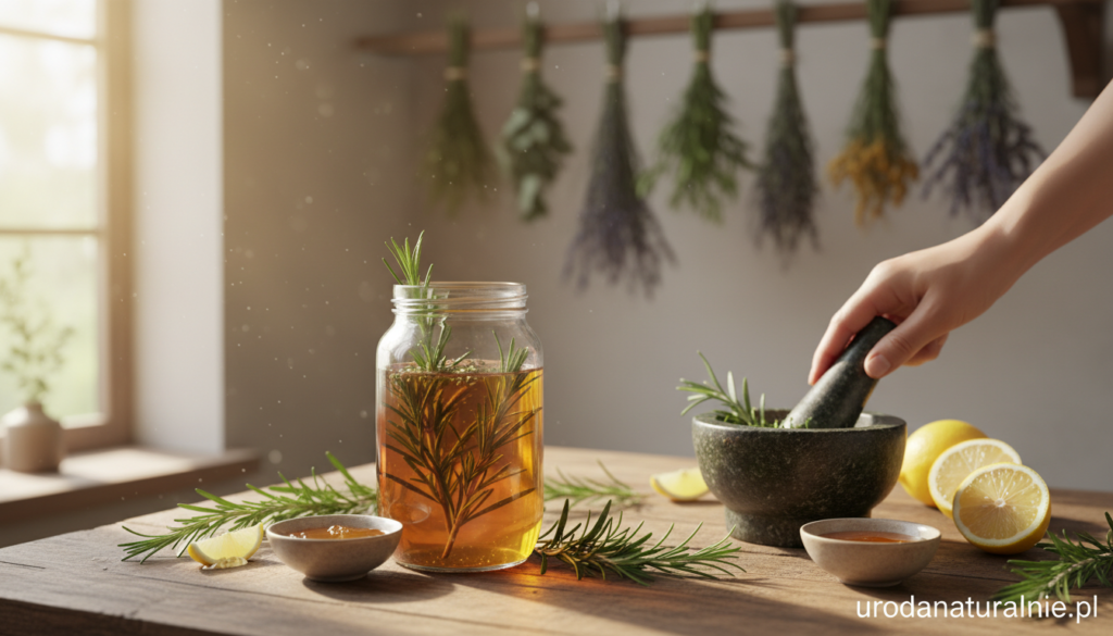 A serene kitchen scene highlighting the process of making rosemary rinse. In the foreground, a clear glass jar filled with aromatic rosemary-infused liquid, surrounded by fresh rosemary sprigs and small bowls containing natural ingredients like honey and lemon. In the middle, a wooden table with a mortar and pestle, where rosemary leaves are being crushed, releasing their oils. In the background, softly blurred kitchen elements such as herbs hanging to dry and sunlight streaming through a window, creating a warm and inviting atmosphere. The overall lighting is bright and natural, capturing the essence of a fresh herbal preparation. The image should convey a sense of purity and wellness, reflecting a natural approach to hair care, suitable for the website urodanaturalnie.pl.
