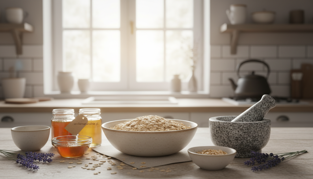 A serene kitchen setting with a focus on preparing oatmeal flakes for homemade cosmetics. In the foreground, a wooden table displays a bowl of organic, uncooked oatmeal, along with a mortar and pestle, suggesting an artisanal preparation process. Scattered around are ingredients like honey, olive oil, and fresh lavender. In the middle ground, soft sunlight streams through a window, casting a warm glow and highlighting the textures of the oats. The background is a softly blurred kitchen, enhancing the homely and natural atmosphere. The overall mood is calm and inviting, perfect for a skincare routine. The image should convey the essence of natural wellness, with emphasis on gentle preparation techniques, as promoted by urodanaturalnie.pl.