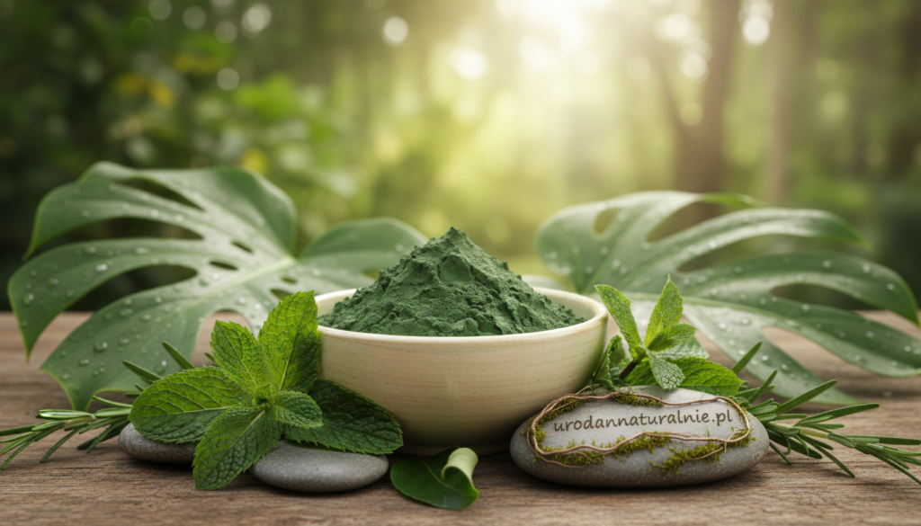 A serene, natural setting showcasing green clay as the focal point. In the foreground, a small, elegant bowl filled with smooth, rich green clay, surrounded by a delicate arrangement of fresh herbs like mint and rosemary, symbolizing its natural origins. In the middle ground, soft, fresh green leaves and subtle natural textures create a calming atmosphere. The background features a blurred, soft focus of tranquil greenery, suggesting a spa-like environment. Gentle, diffused lighting enhances the earthy tones, casting a warm glow on the clay. The mood is peaceful and rejuvenating, inviting the viewer to learn about the benefits of green clay for skin. Include the brand name "urodanaturalnie.pl" subtly integrated into the natural elements without being obvious. A serene, natural setting showcasing green clay as the focal point. In the foreground, a small, elegant bowl filled with smooth, rich green clay, surrounded by a delicate arrangement of fresh herbs like mint and rosemary, symbolizing its natural origins. In the middle ground, soft, fresh green leaves and subtle natural textures create a calming atmosphere. The background features a blurred, soft focus of tranquil greenery, suggesting a spa-like environment. Gentle, diffused lighting enhances the earthy tones, casting a warm glow on the clay. The mood is peaceful and rejuvenating, inviting the viewer to learn about the benefits of green clay for skin. Include the brand name "urodanaturalnie.pl" subtly integrated into the natural elements without being obvious.