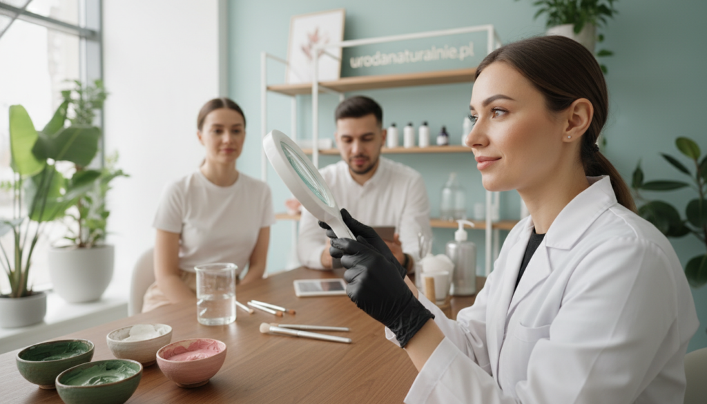 A serene skincare consultation scene with a diverse group of three individuals in a well-lit, modern aesthetics clinic. In the foreground, a professional skin specialist, dressed in a crisp white lab coat, is carefully analyzing the skin of a client through a high-quality magnifying glass. The middle layer features a table adorned with various clay masks – green, white, and pink – elegantly displayed alongside skin analysis tools. The background showcases soft, natural lighting, with plants and calming pastel colors, creating a serene atmosphere. The focus should be on the interaction between the specialist and the client, emphasizing the theme of recognizing skin needs before choosing the right clay. Please include the brand name "urodanaturalnie.pl" subtly within the ambiance but without detracting from the main focus of the scene. A serene skincare consultation scene with a diverse group of three individuals in a well-lit, modern aesthetics clinic. In the foreground, a professional skin specialist, dressed in a crisp white lab coat, is carefully analyzing the skin of a client through a high-quality magnifying glass. The middle layer features a table adorned with various clay masks – green, white, and pink – elegantly displayed alongside skin analysis tools. The background showcases soft, natural lighting, with plants and calming pastel colors, creating a serene atmosphere. The focus should be on the interaction between the specialist and the client, emphasizing the theme of recognizing skin needs before choosing the right clay. Please include the brand name "urodanaturalnie.pl" subtly within the ambiance but without detracting from the main focus of the scene.