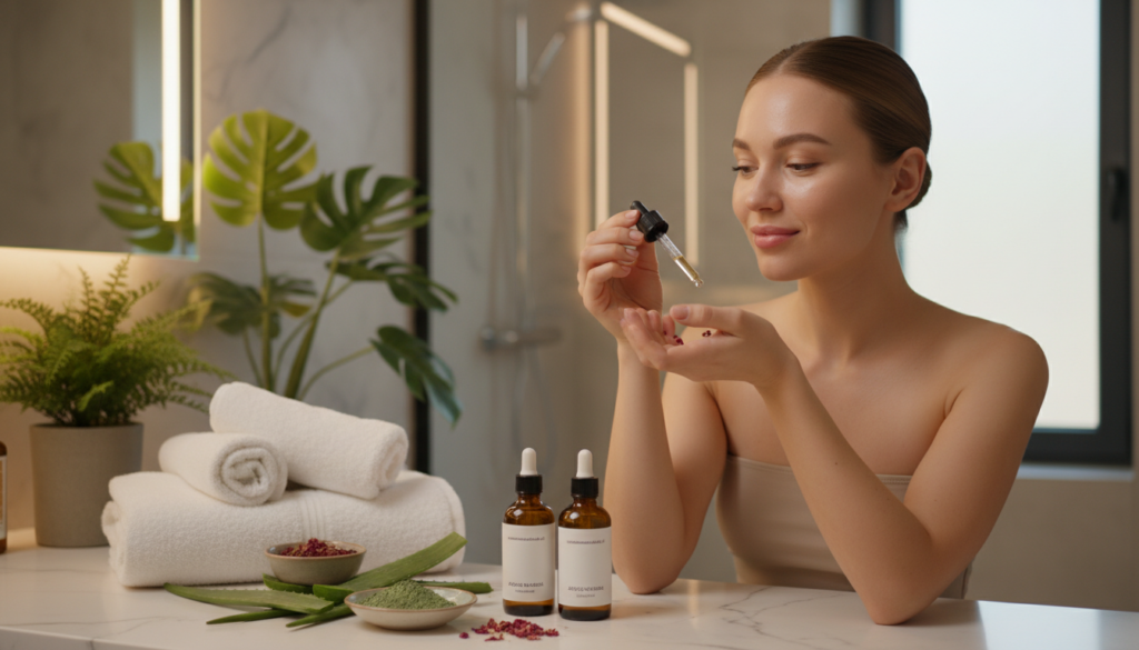 A serene skincare scene showcasing effective care for oily skin, featuring a modestly dressed individual with a fresh, radiant complexion. In the foreground, there are skincare products like jojoba oil bottles and natural ingredients, elegantly arranged on a polished marble countertop. The middle ground displays lush green plants and soft towels, conveying a sense of relaxation and self-care. In the background, a softly lit bathroom environment with gentle, warm lighting enhances the atmosphere, creating a calming vibe. The image should have a shallow depth of field, focusing on the skincare products while the background gently blurs, emphasizing the importance of nourishment and hydration for oily skin. The visual style is clean and modern, inspired by the essence of urodanaturalnie.pl.