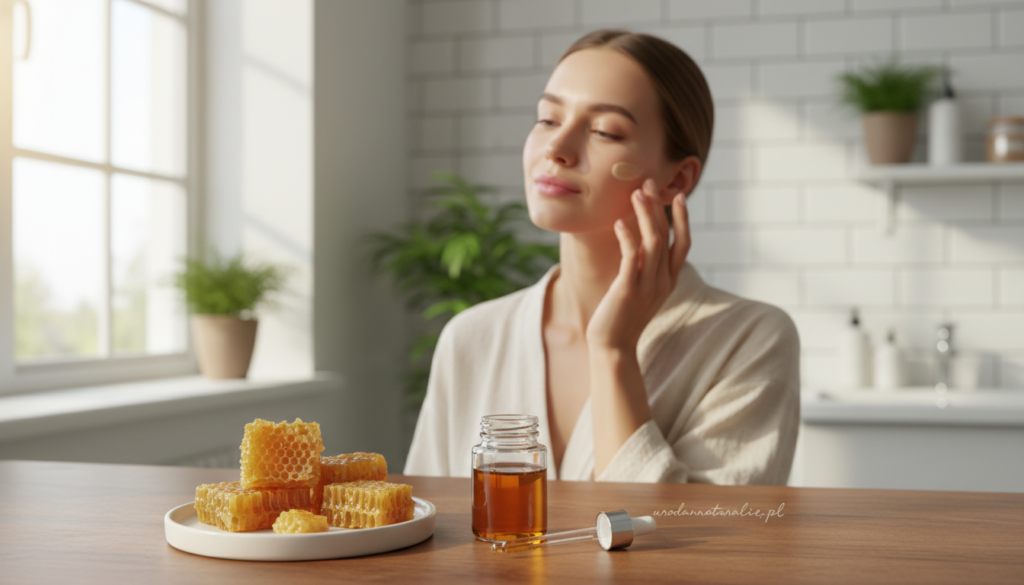 A serene skincare scene showcasing propolis as a key ingredient. In the foreground, there is a small glass jar of golden propolis extract, open with a dropper beside it, surrounded by natural elements like beeswax and honeycomb. In the middle, a soft-focus image of a woman with clear skin, gently applying a cream infused with propolis, showcasing her healthy glow; she is dressed in a modest, elegant outfit. The background features an organized, bright bathroom setting with soft natural light filtering through a window, highlighting the purity and freshness of the scene. The mood is calm and rejuvenating, ideal for skincare. Include the brand name "urodanaturalnie.pl" subtly integrated into the design.