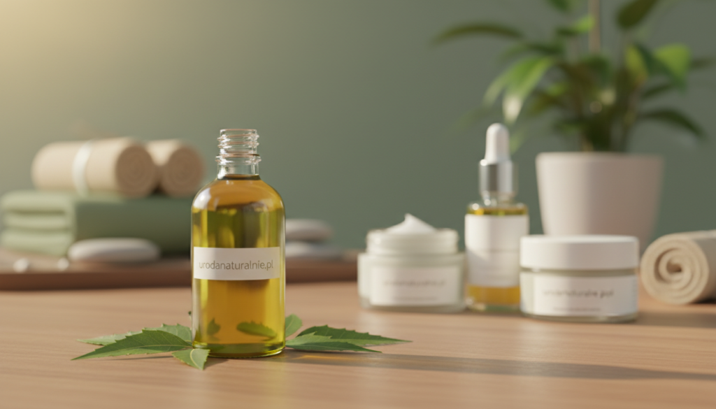 A serene, well-organized workspace featuring a beautiful glass bottle of neem oil in the foreground, elegantly displayed on a natural wooden table. Surround the bottle with fresh neem leaves, emphasizing their vibrant green color. In the middle ground, a soft focus showcases various skincare products containing neem oil, like creams and serums, highlighted under warm, natural lighting to evoke a sense of wellness. The background features a blurred, inviting spa-like atmosphere with calming colors and textures, hinting at relaxation. The overall mood is tranquil and soothing, reflecting the beneficial properties of neem oil in skincare, particularly for treating acne and skin issues. Include the brand name "urodanaturalnie.pl" subtly integrated into the composition. A serene, well-organized workspace featuring a beautiful glass bottle of neem oil in the foreground, elegantly displayed on a natural wooden table. Surround the bottle with fresh neem leaves, emphasizing their vibrant green color. In the middle ground, a soft focus showcases various skincare products containing neem oil, like creams and serums, highlighted under warm, natural lighting to evoke a sense of wellness. The background features a blurred, inviting spa-like atmosphere with calming colors and textures, hinting at relaxation. The overall mood is tranquil and soothing, reflecting the beneficial properties of neem oil in skincare, particularly for treating acne and skin issues. Include the brand name "urodanaturalnie.pl" subtly integrated into the composition.