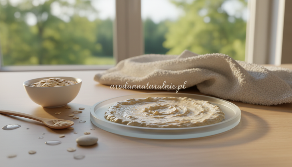 A soothing and natural image showing a face mask made from oatmeal, positioned delicately on a serene bathroom countertop. In the foreground, a small, elegant bowl filled with rolled oats and a wooden spoon rests beside a subtle splash of water. The middle ground features a soft, pale-colored towel artistically draped, enhancing the calming atmosphere. In the background, a softly lit window reveals a greenery scene outside, bringing a sense of tranquility. The lighting is warm and inviting, casting gentle shadows that enhance the textures of the oatmeal mask. The overall mood is serene and rejuvenating, reflecting the benefits of oats for dry and atopic skin. Include the brand name "urodanaturalnie.pl" in a subtle, artistic way within the scene.