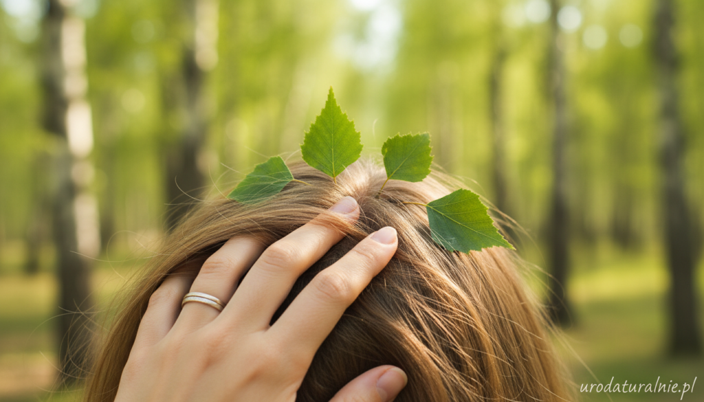 A soothing, serene image focusing on a close-up view of a healthy scalp and hair to symbolize the benefits of birch leaf infusions. In the foreground, a gentle hand, adorned with a simple ring, lightly touches the scalp, showcasing clean, well-groomed hair. The middle ground features fresh birch leaves, delicately placed to emphasize their connection to hair wellness. The background is softly blurred with a natural, green landscape that hints at birch trees swaying lightly in a warm breeze, conveying a peaceful atmosphere. The lighting is soft and natural, suggesting a warm afternoon glow, enhancing the calming mood. This image should reflect a focus on natural hair care and the healing properties of birch leaves, embodying the essence of urodaturalnie.pl.