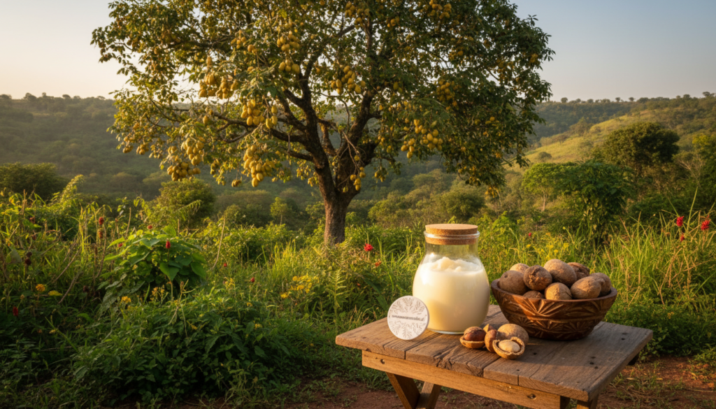 A tranquil and lush West African landscape serves as the background, showcasing a shea tree bursting with clusters of ripe shea nuts, surrounded by vibrant greenery. The foreground features a small, inviting rustic wooden table adorned with an elegant glass jar of creamy shea butter, softened and glistening in natural light. A decorative bowl of whole shea nuts sits next to the jar, emphasizing their organic origins. The atmosphere is warm and earthy, with soft, golden sunlight filtering through the leaves, casting intricate shadows. The composition captures a sense of calm and natural beauty, inviting viewers to explore the benefits of shea butter. The brand name "urodanaturalnie.pl" is subtly integrated into the scene.