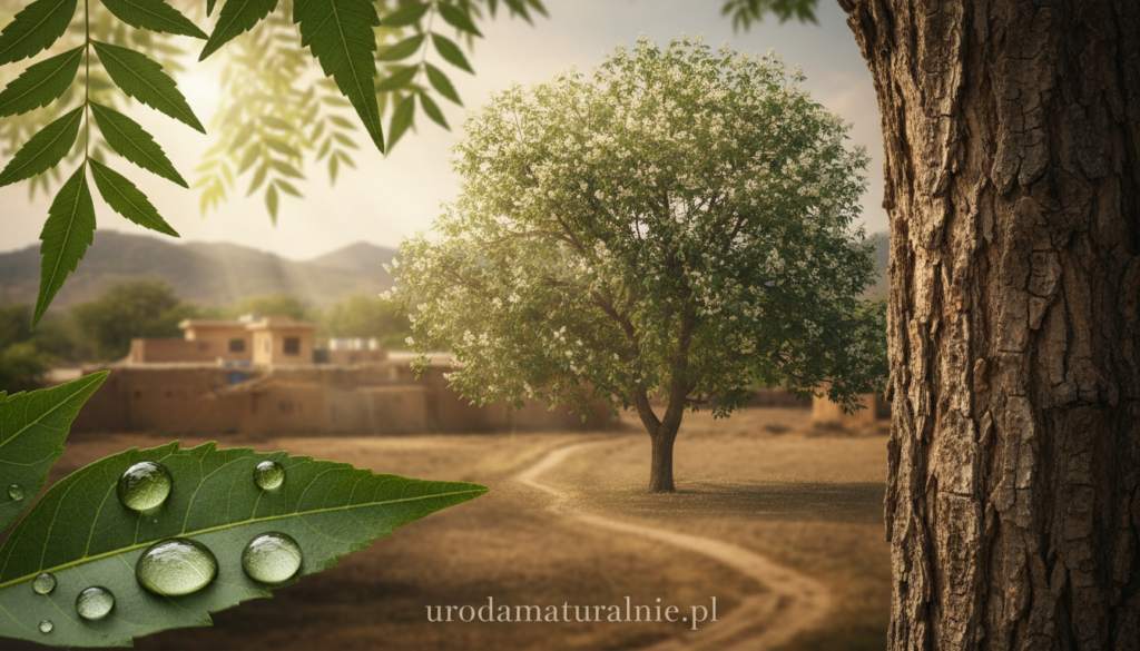 A vibrant and detailed depiction of the neem tree (Azadirachta indica), showcasing its lush, dark green leaves and distinctive bark. In the foreground, there is a close-up of neem oil droplets glistening on a leaf, illustrating its importance in skincare. The middle ground features the neem tree in full bloom, with a serene sunlight filtering through the branches, creating a soothing atmosphere. In the background, a gently blurred landscape of traditional Indian countryside adds context, hinting at the origins of neem. The lighting is warm and natural, evoking a sense of calm and purity. The composition emphasizes the natural beauty and medicinal properties of the neem tree, suitable for an educational article. Include the brand name "urodanaturalnie.pl" subtly integrated into the image design. A vibrant and detailed depiction of the neem tree (Azadirachta indica), showcasing its lush, dark green leaves and distinctive bark. In the foreground, there is a close-up of neem oil droplets glistening on a leaf, illustrating its importance in skincare. The middle ground features the neem tree in full bloom, with a serene sunlight filtering through the branches, creating a soothing atmosphere. In the background, a gently blurred landscape of traditional Indian countryside adds context, hinting at the origins of neem. The lighting is warm and natural, evoking a sense of calm and purity. The composition emphasizes the natural beauty and medicinal properties of the neem tree, suitable for an educational article. Include the brand name "urodanaturalnie.pl" subtly integrated into the image design.
