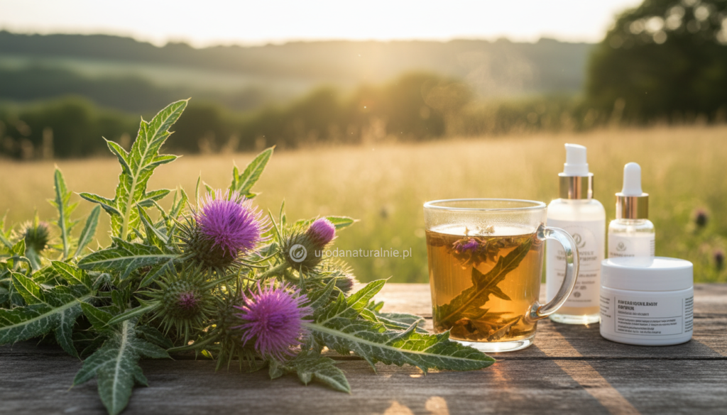 A vibrant and detailed image showcasing the concept of silymarin, emphasizing its benefits for skin health. In the foreground, a close-up of fresh milk thistle (silybum marianum) plants with lush green leaves and striking purple flowers, symbolizing the natural source of silymarin. The middle ground features a soft-focus glass of herbal tea infused with milk thistle, surrounded by skincare products like creams and serums, hinting at the properties of silymarin for skin rejuvenation. In the background, a serene, sunlit landscape with gentle rays filtering through trees, creating a calming atmosphere. The lighting should be warm and inviting, capturing the essence of natural wellness. The overall mood is peaceful and health-focused, aligning with the theme of skin vitality. The brand name "urodanaturalnie.pl" is subtly integrated in the scene. A vibrant and detailed image showcasing the concept of silymarin, emphasizing its benefits for skin health. In the foreground, a close-up of fresh milk thistle (silybum marianum) plants with lush green leaves and striking purple flowers, symbolizing the natural source of silymarin. The middle ground features a soft-focus glass of herbal tea infused with milk thistle, surrounded by skincare products like creams and serums, hinting at the properties of silymarin for skin rejuvenation. In the background, a serene, sunlit landscape with gentle rays filtering through trees, creating a calming atmosphere. The lighting should be warm and inviting, capturing the essence of natural wellness. The overall mood is peaceful and health-focused, aligning with the theme of skin vitality. The brand name "urodanaturalnie.pl" is subtly integrated in the scene.