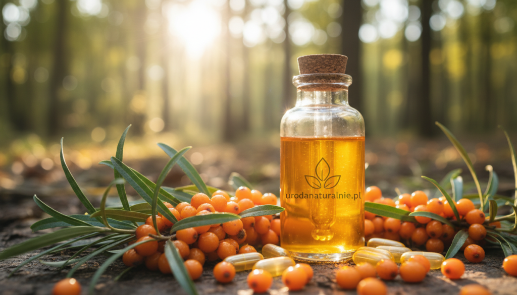 A vibrant and serene composition focusing on the healing properties of vitamin C and sea buckthorn. In the foreground, fresh sea buckthorn berries glisten with dew, highlighting their rich orange hue, surrounded by green leaves. In the middle ground, a clear glass dropper bottle labeled "urodanaturalnie.pl" contains a bright orange serum, symbolizing vitamin C's rejuvenating qualities. The background features a softly blurred natural setting with gentle sunlight filtering through leaves, casting dappled shadows that create a warm, inviting atmosphere. The image conveys a sense of vitality and wellness, inviting viewers to explore the natural skincare benefits of sea buckthorn. Ideal lighting emphasizes the freshness and brightness of the elements, with a soft-focus effect to enhance the mood of tranquility and healing.