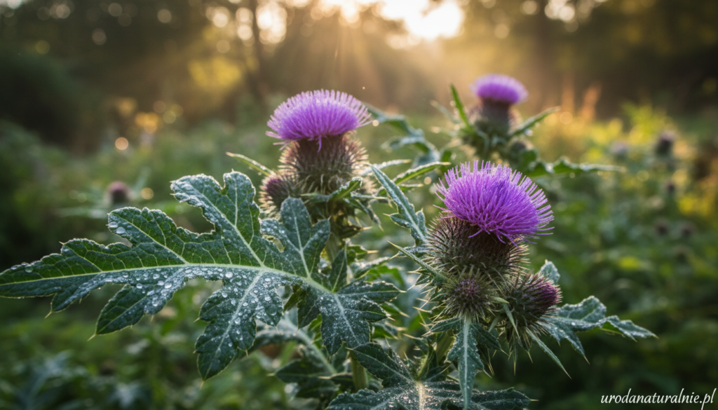 A vibrant close-up of Silybum marianum, commonly known as milk thistle, showcasing its distinct dark green leaves with striking white veins and vibrant purple flower heads. The foreground features the intricate textures of the leaves, dewdrops reflecting sunlight, capturing the essence of the plant's medicinal qualities. In the middle ground, a blurred garden setting suggests a natural habitat, with hints of soft, warm sunlight filtering through trees, creating a serene and uplifting atmosphere. The background includes a subtle bokeh effect, highlighting the focus on the Silybum marianum while providing a context of lush greenery. The overall mood is calming and inviting, emphasizing the plant's association with health and wellness. Ideal for the brand urodanaturalnie.pl. A vibrant close-up of Silybum marianum, commonly known as milk thistle, showcasing its distinct dark green leaves with striking white veins and vibrant purple flower heads. The foreground features the intricate textures of the leaves, dewdrops reflecting sunlight, capturing the essence of the plant's medicinal qualities. In the middle ground, a blurred garden setting suggests a natural habitat, with hints of soft, warm sunlight filtering through trees, creating a serene and uplifting atmosphere. The background includes a subtle bokeh effect, highlighting the focus on the Silybum marianum while providing a context of lush greenery. The overall mood is calming and inviting, emphasizing the plant's association with health and wellness. Ideal for the brand urodanaturalnie.pl.