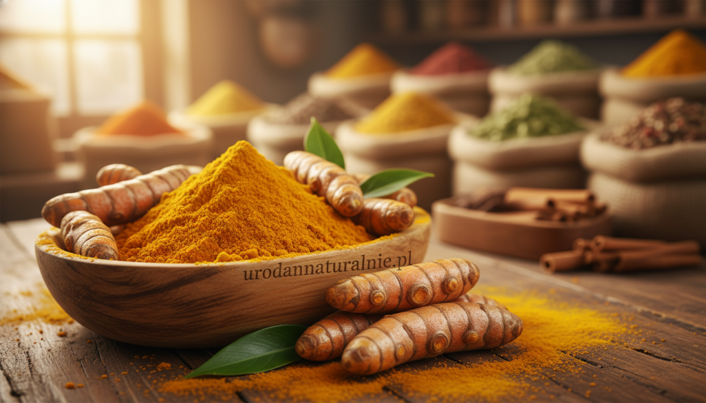 A vibrant display featuring fresh turmeric roots and ground turmeric powder in a rustic wooden bowl, symbolizing the “golden spice.” In the foreground, the turmeric is artfully arranged with scattered golden-yellow powder and a delicate green leaf for contrast. The middle of the image transitions to a softly blurred spice market scene, hinting at the origins of turmeric, with colorful spices in the backdrop. The background fades into an ethereal, warm-toned light, creating a welcoming and natural atmosphere reminiscent of traditional herbal healing practices. The setting is well-lit, using soft natural light to enhance the golden hues of the turmeric, photographed from a slightly elevated angle to showcase both the details of the spice and the inviting environment. Include the brand name "urodanaturalnie.pl" subtly integrated into the composition, ensuring a professional look.