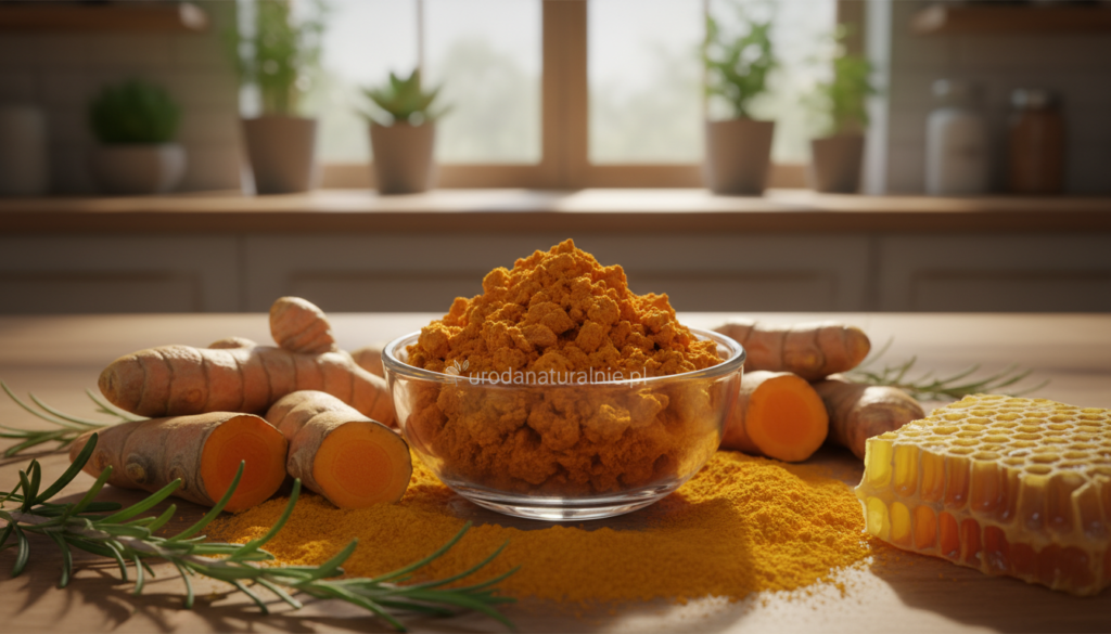 A vibrant display of kurkumina, the active compound in turmeric, centered in a small glass bowl, surrounded by fresh turmeric root chunks and bright yellow turmeric powder, creating a rich contrast. In the foreground, delicate sprigs of green herbs and honeycomb add a touch of nature. The middle ground features soft, diffused sunlight filtering through a window, casting gentle shadows and highlighting the golden hue of the powder. In the background, blurred hints of a tranquil kitchen setting with natural wood elements and potted plants create a warm atmosphere. The overall mood is inviting and health-focused, symbolizing wellness benefits associated with kurkumina. The brand name "urodanaturalnie.pl" should subtly reflect in the scene without being intrusive.